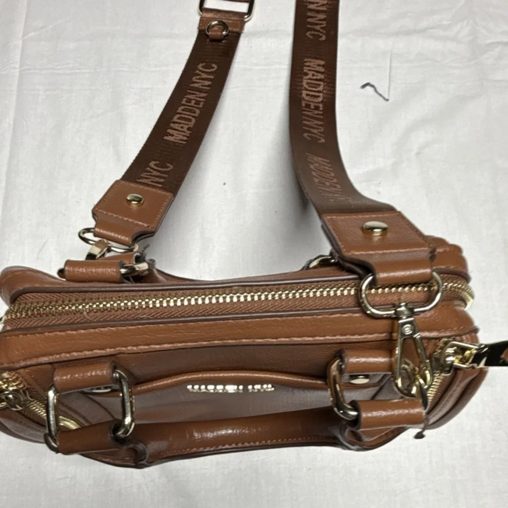 MADDEN NYC Brown Satchel Bag Adjustable Strap Double Handles Gold Zipper Logo